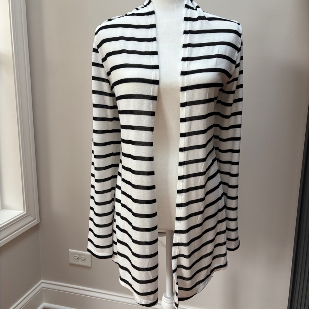 Black and White Women’s Striped Lightweight Open Front Cardigan